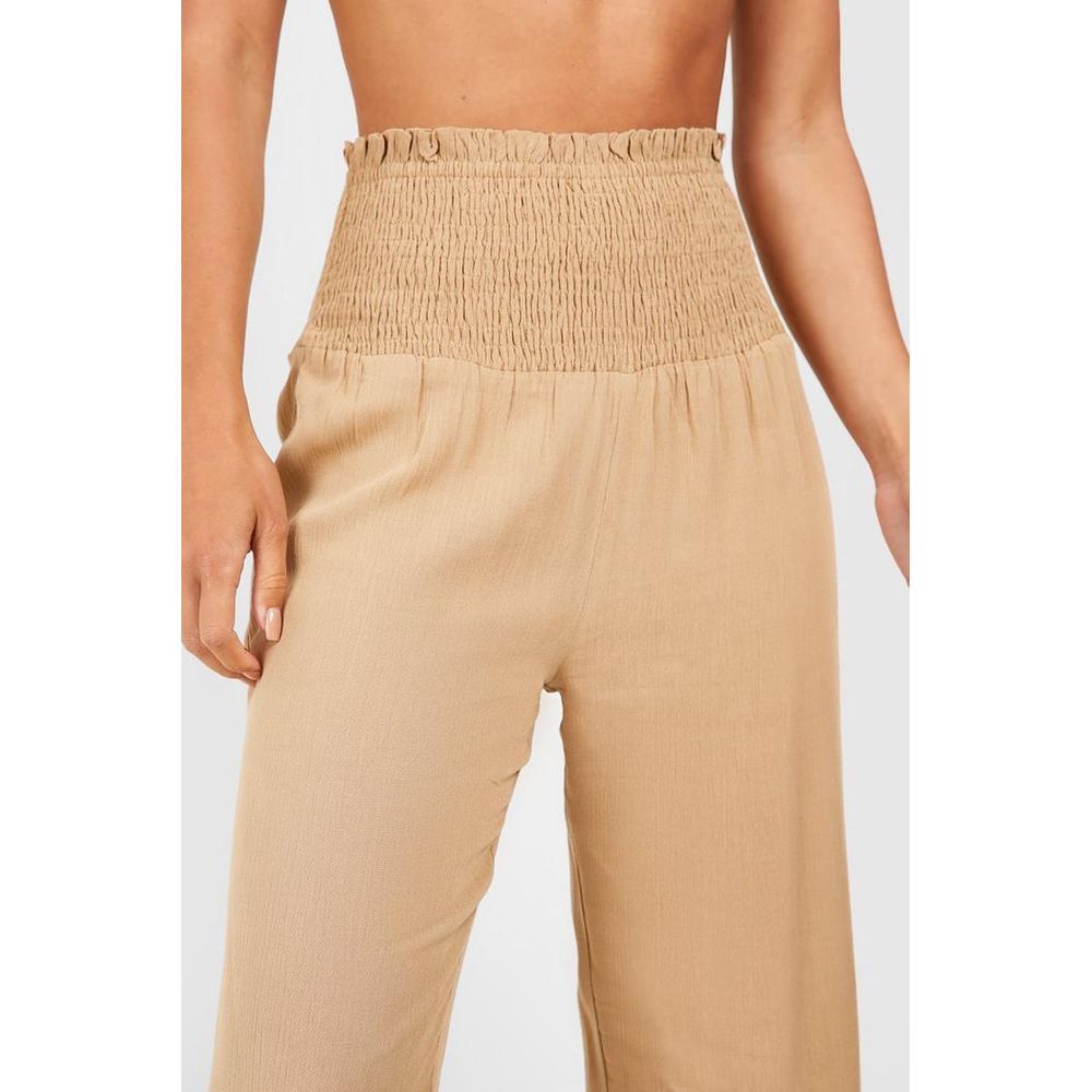 Women's Tan Palazzo Pants Shirred Waistband Gauzy Texture Sz‎ S
